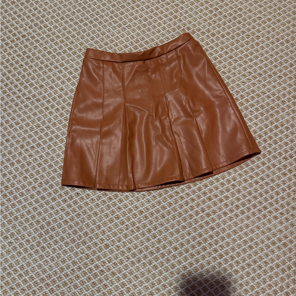 Brown Faux Leather Pleated Skirt